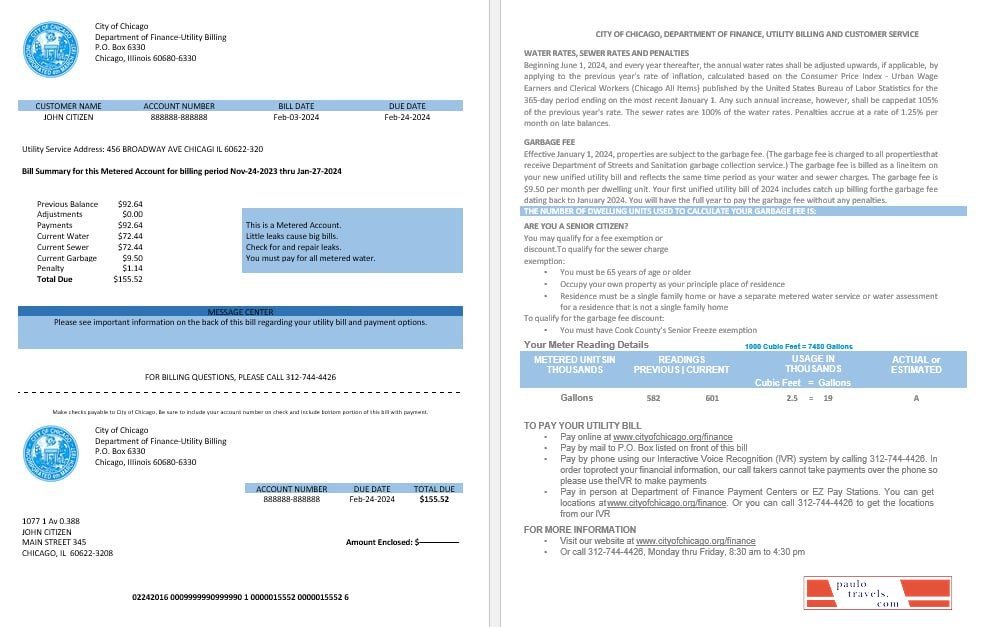 USA City of Chicago department of finance utility bill statement in Word and PDF formats